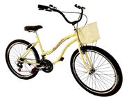 Bicicleta Aro 26 com cestinha 18 marchas selim 2 molas bege