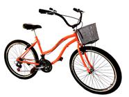 Bicicleta Aro 26 com cestinha 18 marchas selim 2molas salmão