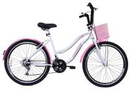 Bicicleta Aro 26 Feminina Beach Retrô 18 Marchas Branca e Rosa