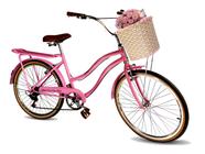 Bicicleta aro 26 modelo retrô cesta tipo vime 6 marchas rosa