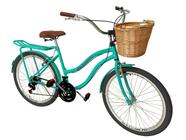 Bicicleta aro 26 retrô 18 marchas cesta vime bagageiro Verde