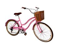 Bicicleta aro 26 retrô com cesta plástica 6 marchas pink ros