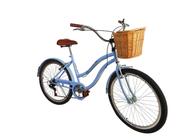 Bicicleta aro 26 retrô vintage com cesta vime 6v azul