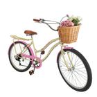 Bicicleta Aro 26 Retrô Vintage Feminina Cesta Vime Bege Rosa