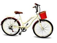 Bicicleta feminina aro 26 com cestinha tpo vime retrô 6v beg