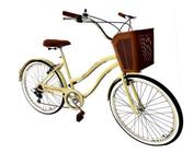 Bicicleta Feminina Aro 26 Retrô 6v Com Cestinha Bege