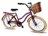 Bicicleta feminina aro 26 retrô com cestão 6 marchas violeta