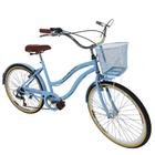 Bicicleta feminina aro 26 retrô vintage 6v c/ cestinha azul