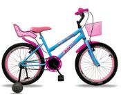 Bicicleta infantil fem. aro 20 aero c/ cadeirinha de boneca e roda lateral azul