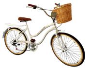 Bicicleta Retrô aro 26 com cesta de vime bagageiro 6v Branco