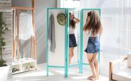 Biombo Com Espelho Decorativo Em Mdf E Madeira 3 Asas Branco E Azul - Ammy (138X165 Cm)
