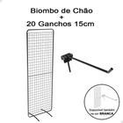 Biombo Expositor De Chão Aramado + 20 Gancho 15cm Para Loja Preto