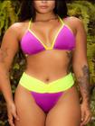 Biquini Efeito Lipo Modela Corpo Hot Pants Roxo com Neon Calcinha Fio Duplo Empina Bumbum Cortininha Com Bojo