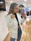 Blazer Alongado, Branco, Ponto Roma com Elastano, Lapela, Revél e Gola Dupla, Botão Brasão, Enncante BM1109B