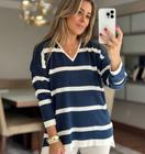 Blusa Ampla de Tricot Decote V Listra Larga Azul Marinho e Branco TAMANHO ÚNICO