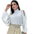 Blusa Bata Feminina Gola Alta Manga Bufante Ombro Vazado