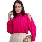 Blusa Bata Feminina Gola Alta Manga Bufante Ombro Vazado