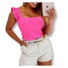 Blusa blusinha alça babado tecido canelado feminina confortável