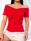 Blusa Blusinha Casual Ombro a Ombro Feminina Manga Curta Com Bojo Roupa Canelada Super Fashion Barato