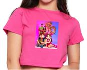 Blusa Camiseta Cropped Infantil Mangas Curtas Personagens Youtubers Maria Clara e JP