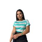 Blusa Camiseta Listrada Viscolaycra Feminina Manga Dobrada Japonesa Verde