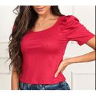 Blusa canelada básica gola rasa manga princesa moda feminina