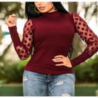 Blusa canelada feminina manga longa tule gola alta casual