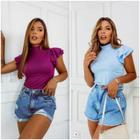 Blusa canelada gola alta manga dois babados moda fashion feminina