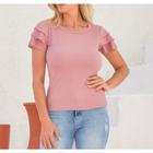 Blusa canelada gola rasa manga babado casual feminina estilo