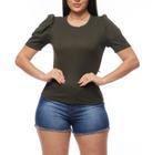 Blusa canelada gola rasa manga curta bufante feminina