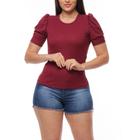 Blusa canelada gola rasa manga curta bufante moda feminina