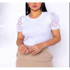 Blusa canelada gola rasa manga curta tule poa feminina moda