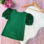 Blusa Canelada Manga Bufante Tule Social Feminina Verde