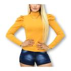 Blusa canelada manga longa bufante gola alta cachepô feminina fashion