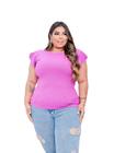 Blusa canelada plus size gola rasa manga curta 2 babados moda casual feminina fashion