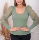 Blusa canelado gola rasa manga longa bufante tule póa feminina fashion