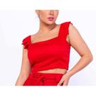 Blusa cropped alça babado poliéster feminino