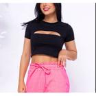 Blusa cropped canelada decote gota feminina manga curta