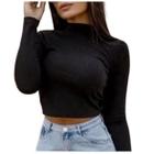 Blusa cropped canelado elegante manga longa gola alta moda fashion feminina