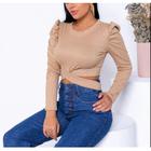 Blusa cropped canelado manga longa bufante faixa na cintura moda barata feminina