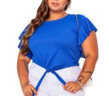 Blusa Cropped canelado plus size amarração manga babado novidade feminina