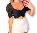 Blusa cropped decote drapeado manga bufante poliéster moda feminina