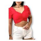 Blusa cropped decote drapeado manga bufante tecido poliéster feminino