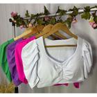 Blusa cropped drapeado manga curta bufante feminino estilo