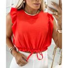 Blusa cropped duna cavada babado elástico e lacinho na cintura feminino confortável