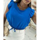 Blusa cropped feminina cavada com babado gola rasa duna elástico na cintura e lacinho