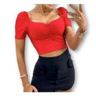 Blusa cropped feminina elegante com decote drapeado manga bufante em poliéster