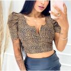 Blusa Cropped feminina onça decote V com bojo manga curta princesa