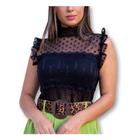 Blusa cropped feminina renda poa com bojo cavada babado tendência