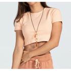 Blusa cropped feminino básica canelada gola rasa manga curta tendência feminina